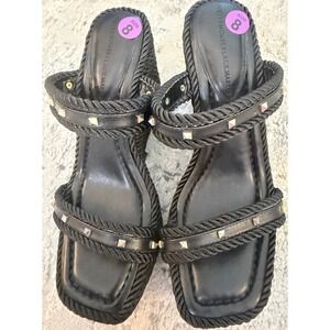 White House Black Market Studded Rope Wedge Sandals Black Square Toe 8M